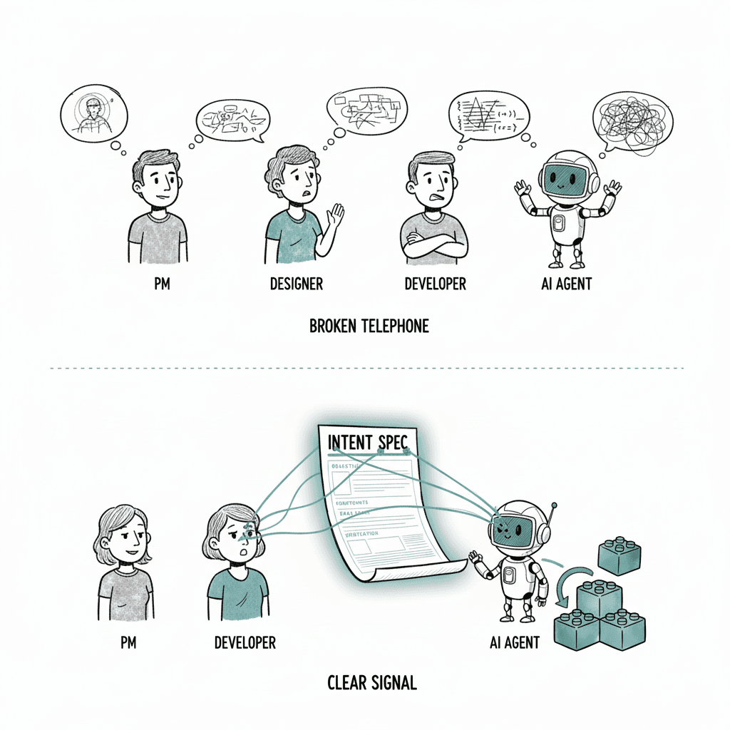 Broken Telephone: intent degrades from PM to Designer to Developer to AI Agent. Clear Signal: everyone reads from one Intent Spec.