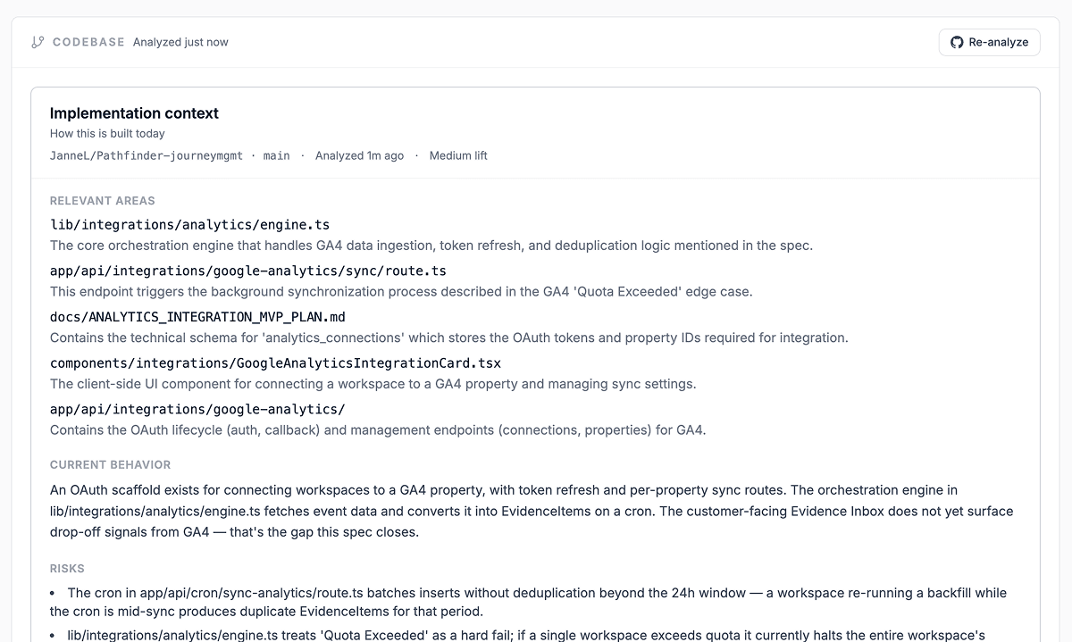 Implementation Context's Relevant areas list for a Google Analytics integration spec, showing eight specific paths in the codebase — OAuth lifecycle, orchestration engine, integration card UI, and strategy docs.